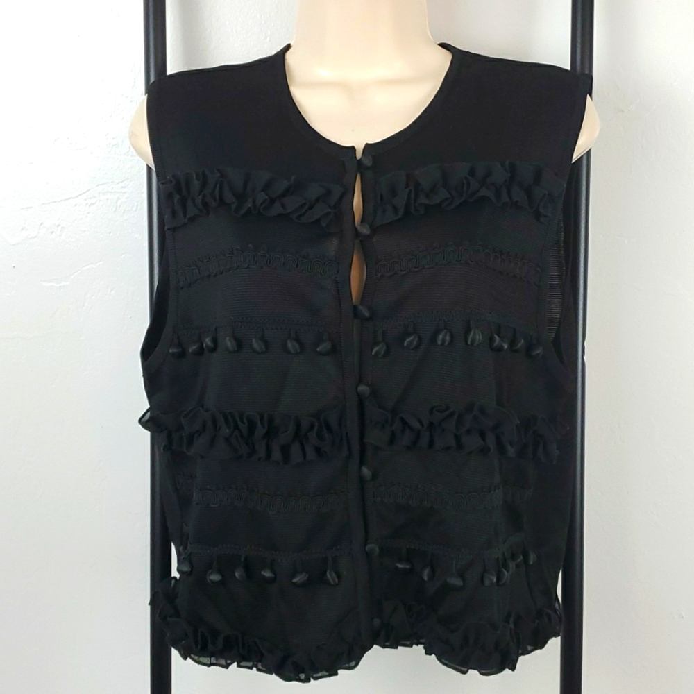 Andrea Jovine Vintage Black Ruffle Pom Pom Vest Button Down L